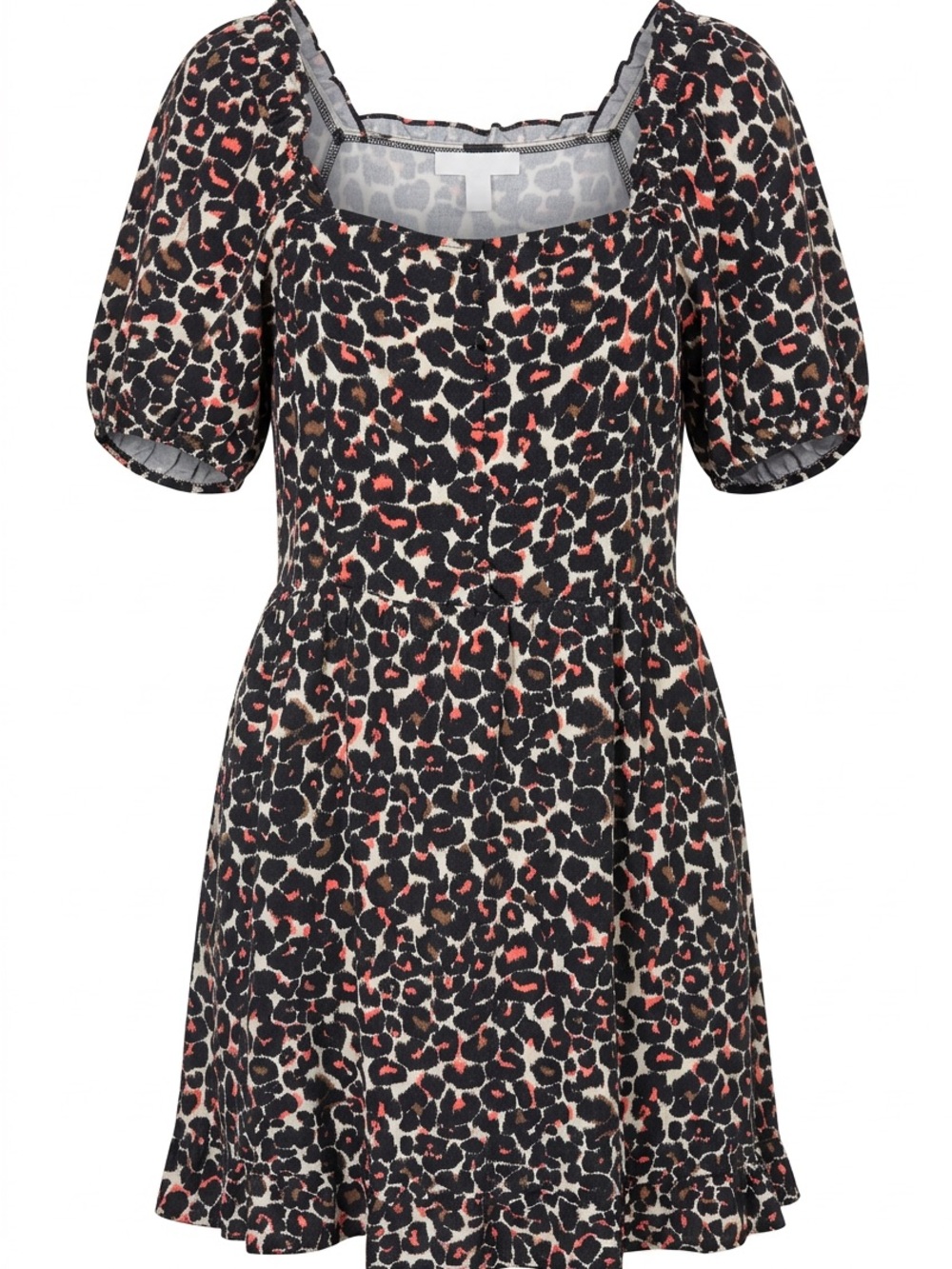 Who What Wear Leopard-Print Puff Sleeve Mini Dress in Black, Cream & Coral